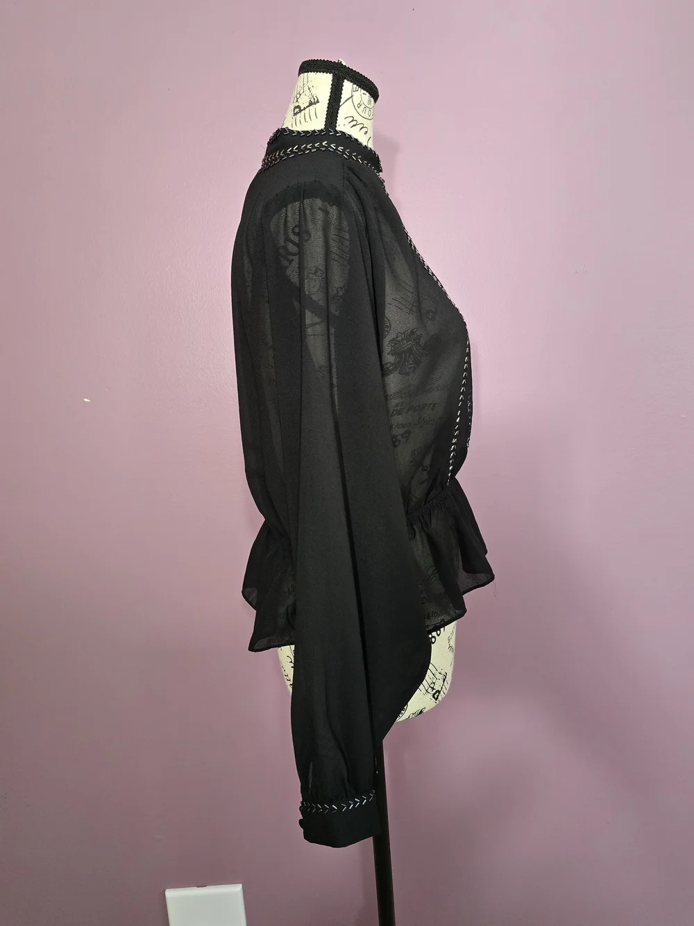 Free People Navy Blue Sheer Peplum Beaded Long-sleeve Blouse XS